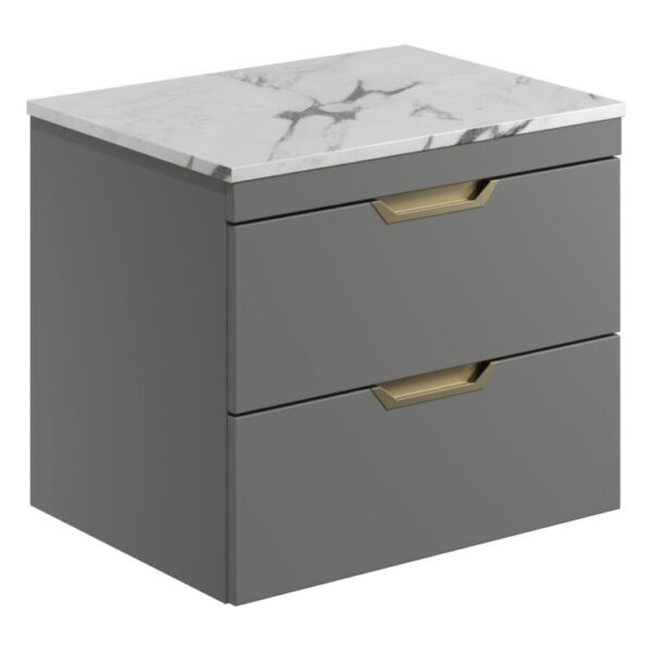 Aubrey 600 Wall Hung Vanity Unit (inc. Brushed Brass Handles) & Countertop