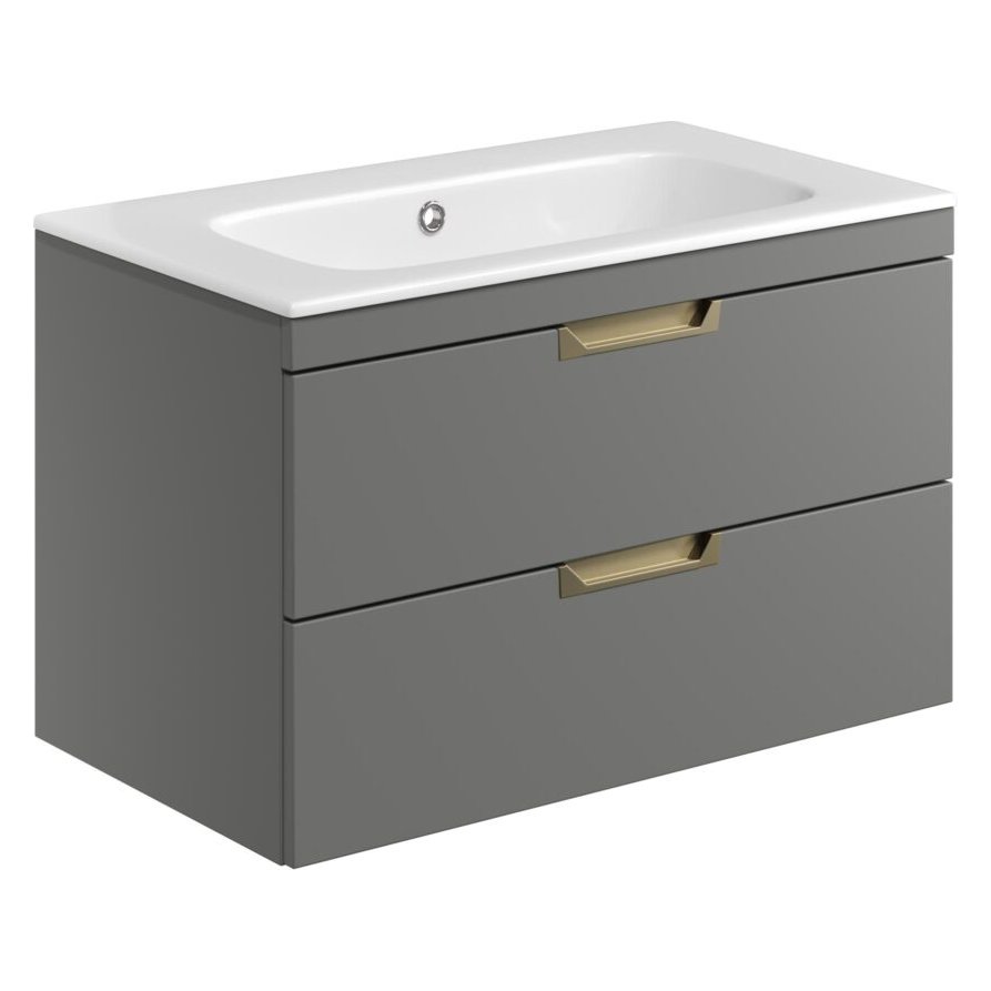 Aubrey 800 Wall Hung Vanity Unit (inc. Brushed Brass Handles) & Basin